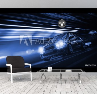 Picture of Schnelles Auto bei Nacht in einer Stadt